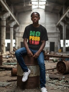 Desired Collection Black Tee with Green Yellow Red 'NO PROBLEM' Print